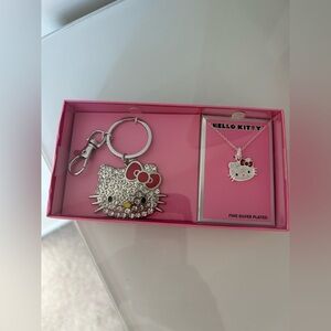 Hello Kitty Sanrio Silver Rhinestone Necklace Keychain Set boxed